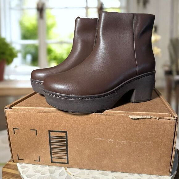 FitFlop Pilar Supportive Platform Bootie Brown Leather Ankle Boots Womens 7 EU 3 - Picture 1 of 13